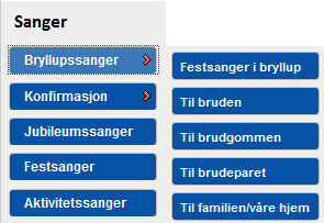 Menyer innenfor bryllupssanger. Festsanger, bruden, brudgommen, brudeparet og familien.